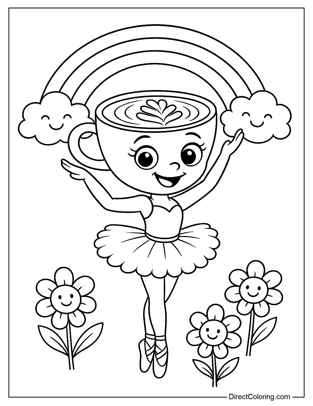 Cappuccina Ballerina Coloring Page Dancing Under the Rainbow with Clouds and Flowers Smiling